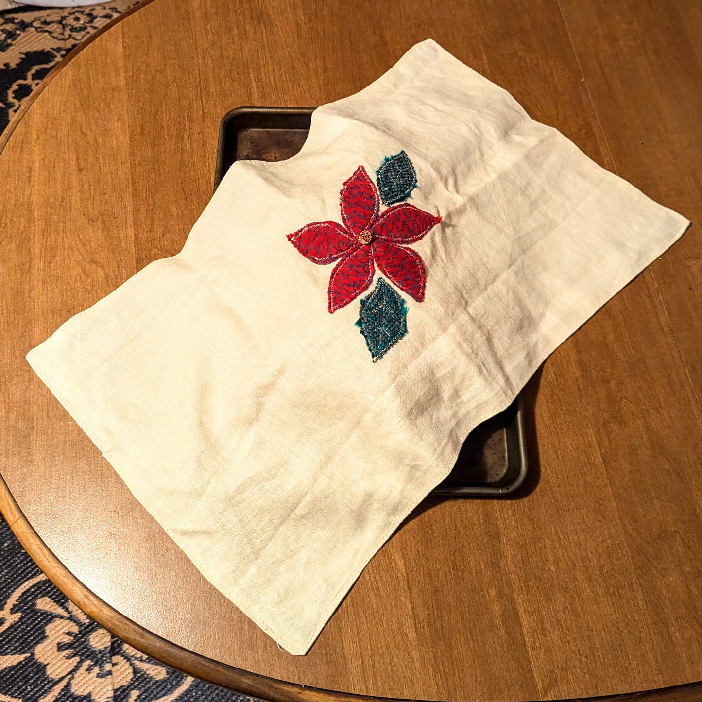 Scarlet Floral Applique Linen Challah Cover and Centerpiece