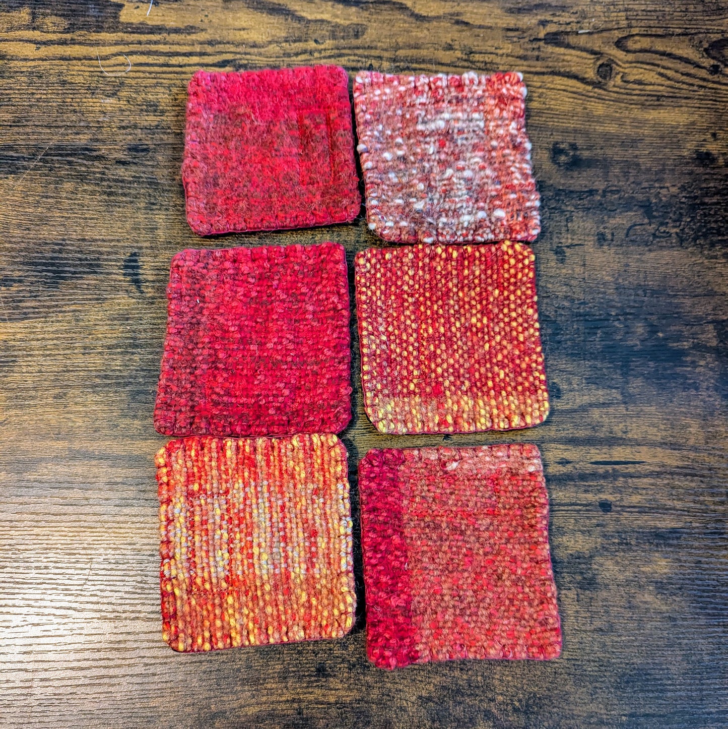 Felted Handwoven Wool Coasters in Red Tones