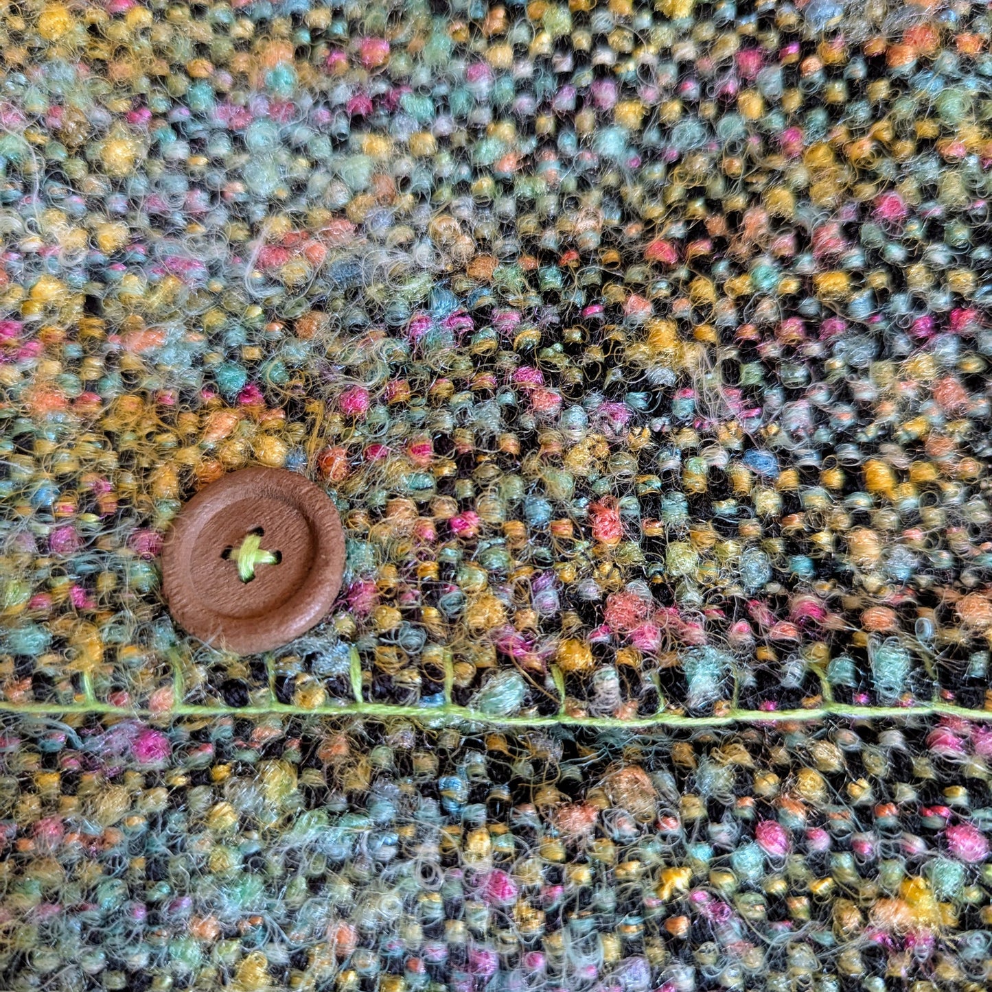 Fuzzy Handwoven Rainbow Green Bag with Mushroom Lining