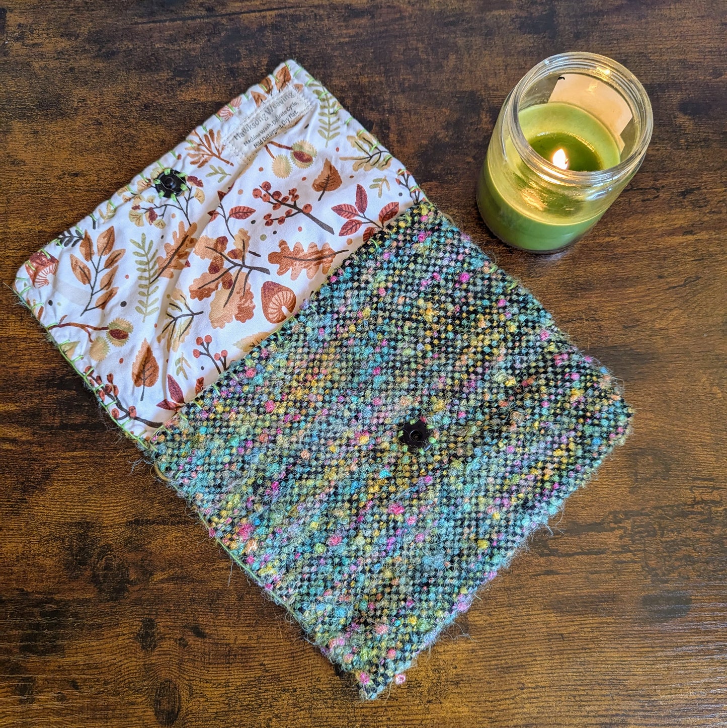 Fuzzy Handwoven Rainbow Green Bag with Mushroom Lining