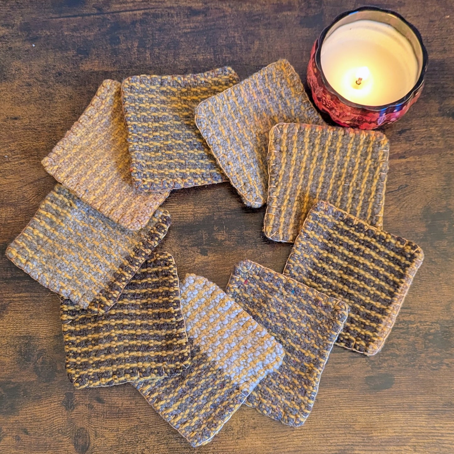 Yellow and Brown Handwoven and Felted Wool Coasters