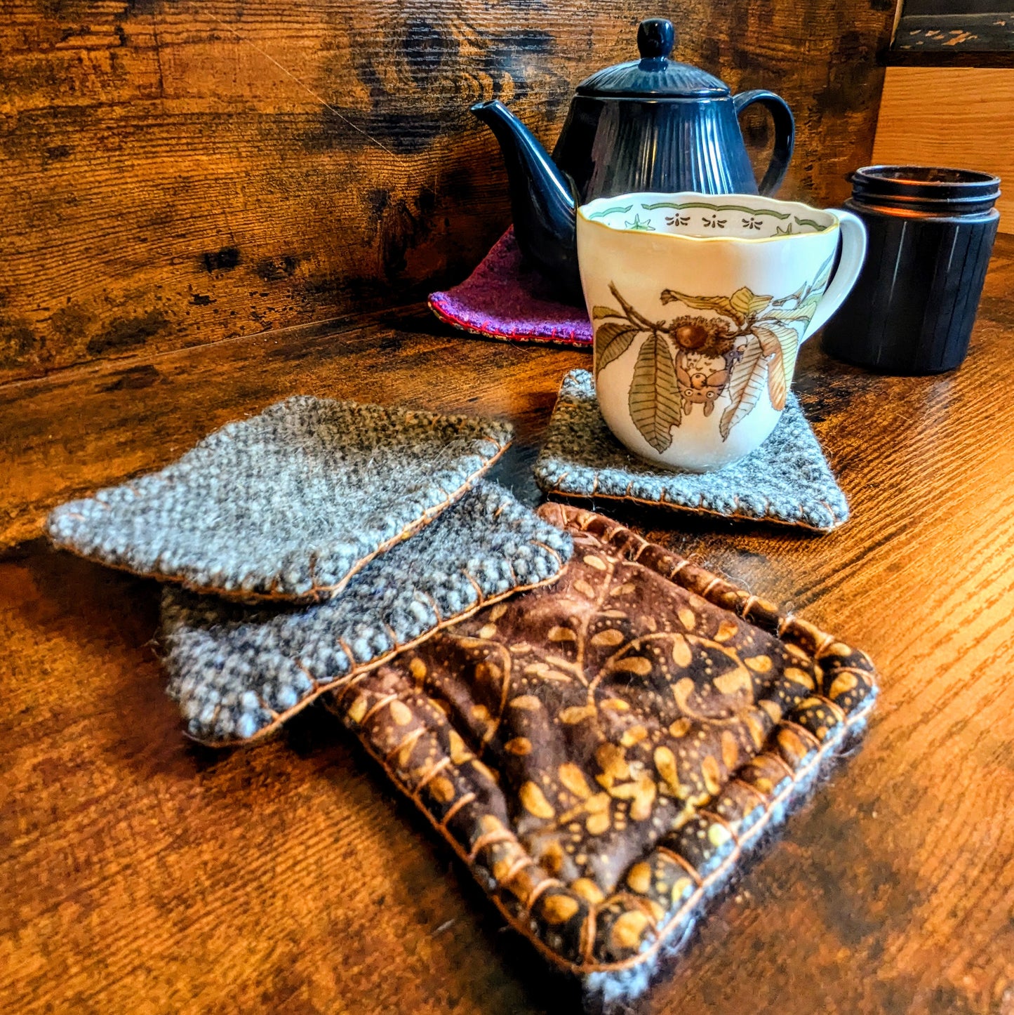 Brown Batik Handwoven Felted Wool Set of Four Coasters