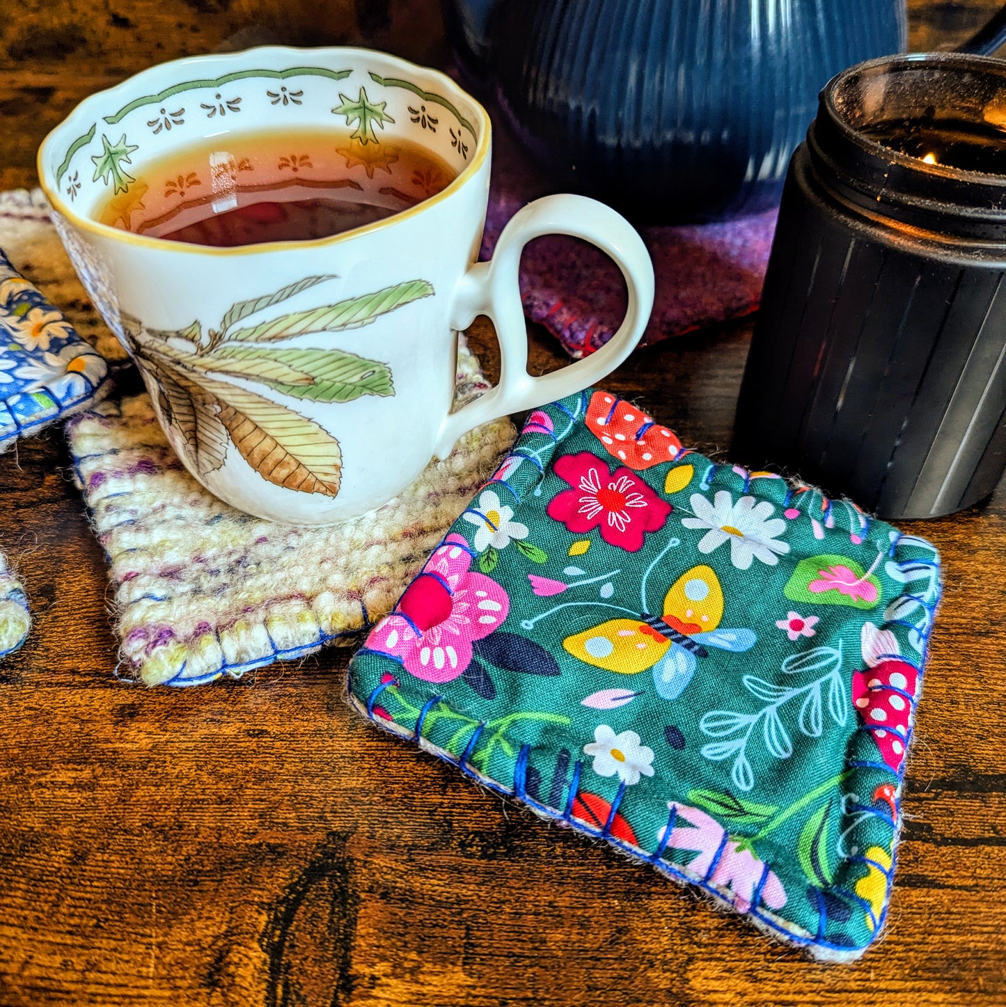 Floral Bouquet Handwoven Felted Wool Set of Five Reversible Coasters