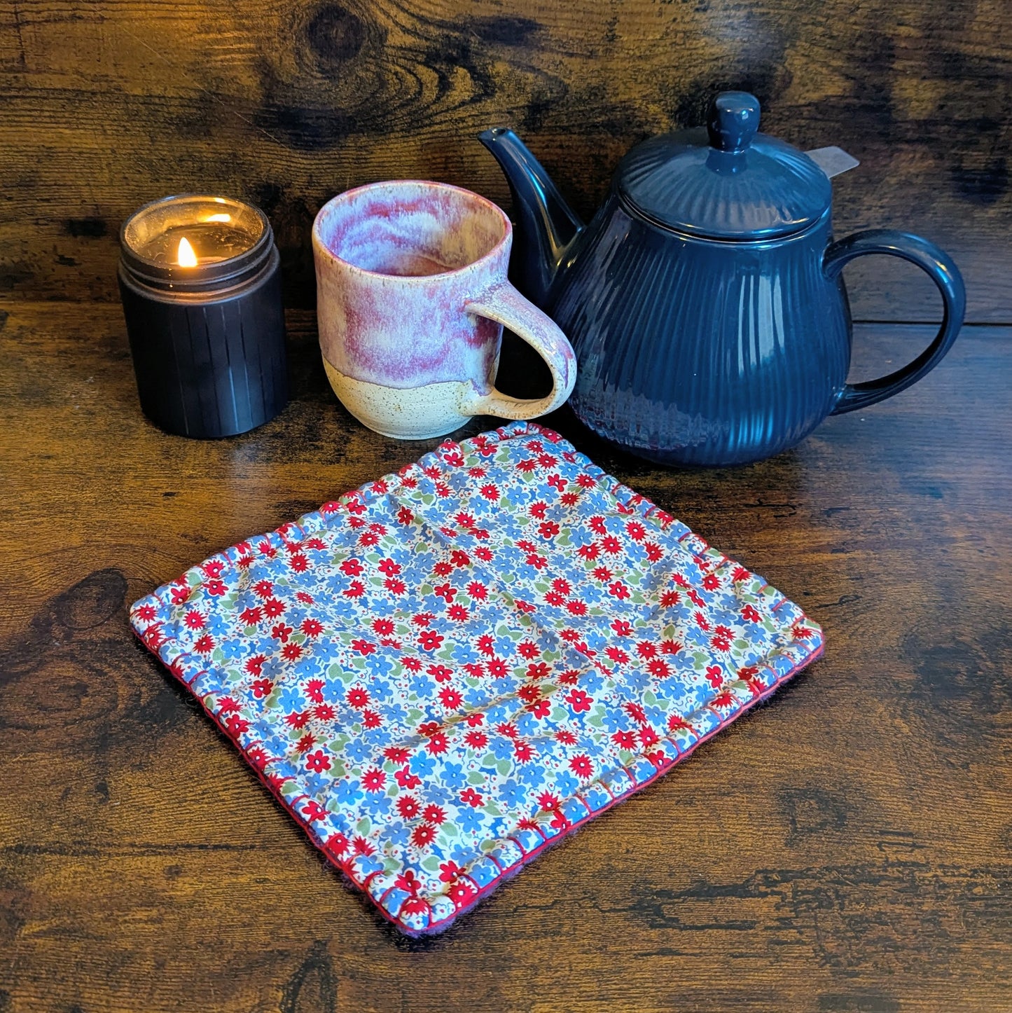 Felted Handwoven Wool Scarlet Flower and Royal Purple Trivets