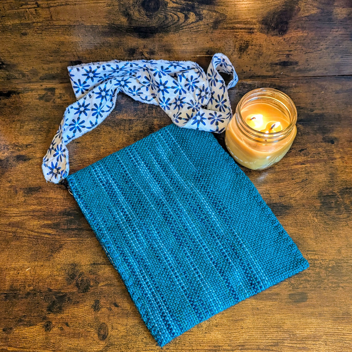 Blue Suede Flowers Handwoven Shoulder Bag