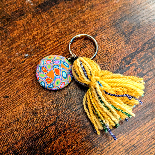 Yellow and Blue Tassel and Clay Statement Bead Keychain