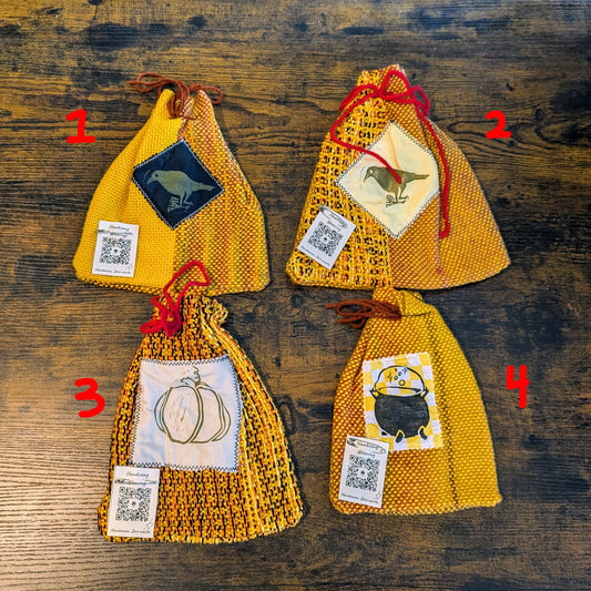 Yellow and Orange Drawstring Pouches with Eberzine Patches