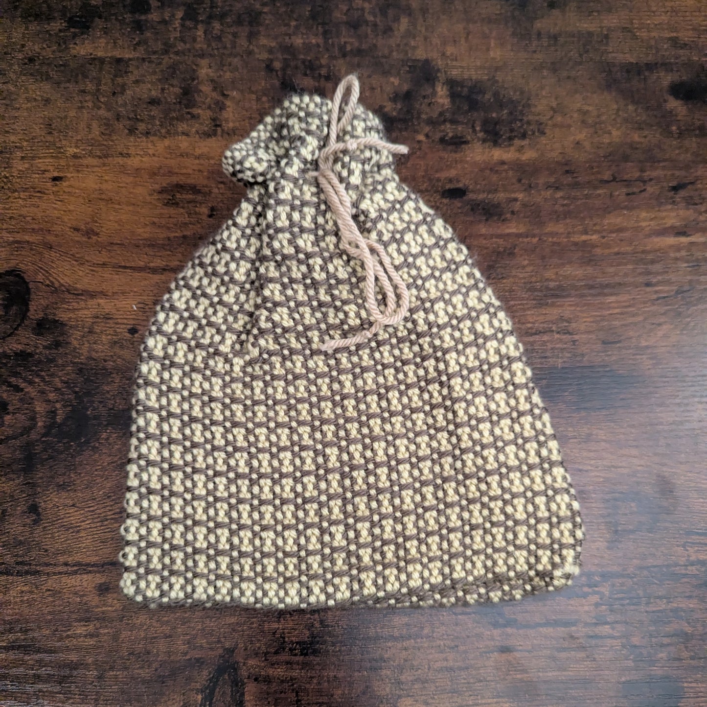Tan Check Acrylic Drawstring Bag
