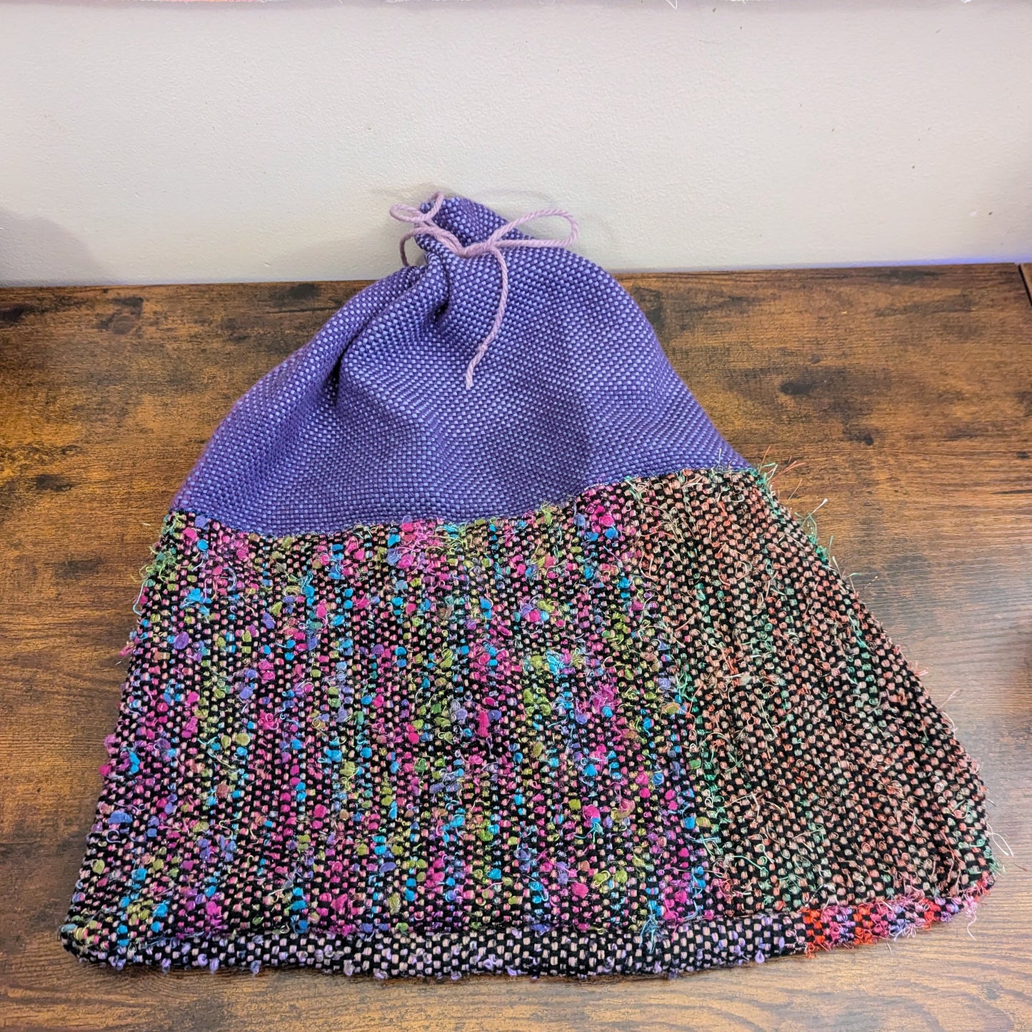 Large Drawstring Reusable Gift Bag in Purple and Patches