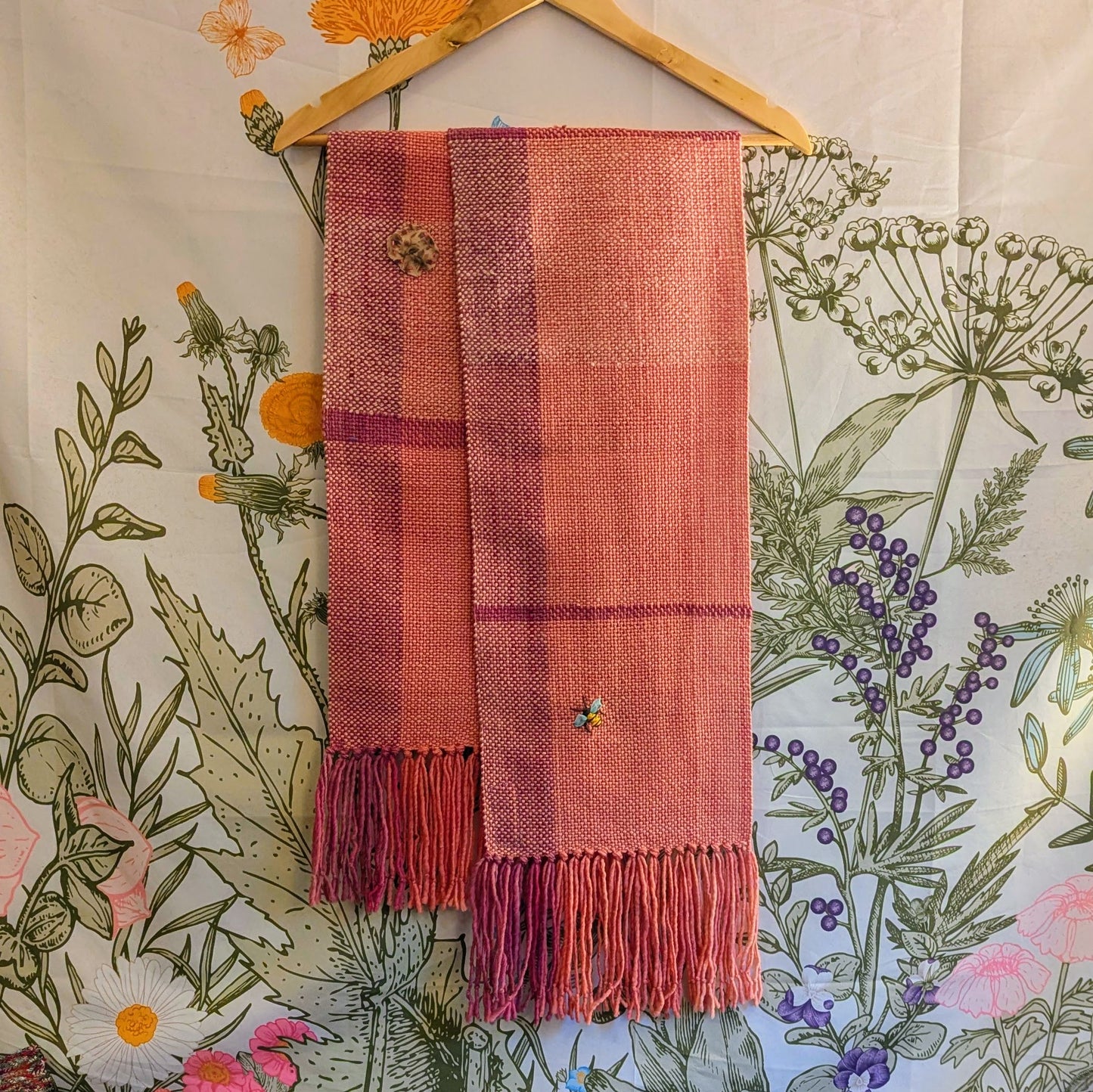 Bumblebee Pink Hand-dyed, Hand-embroidered and Handwoven Scarf