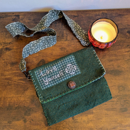 "Love Yourself" Green Celtic Knot Handwoven Shoulderbag