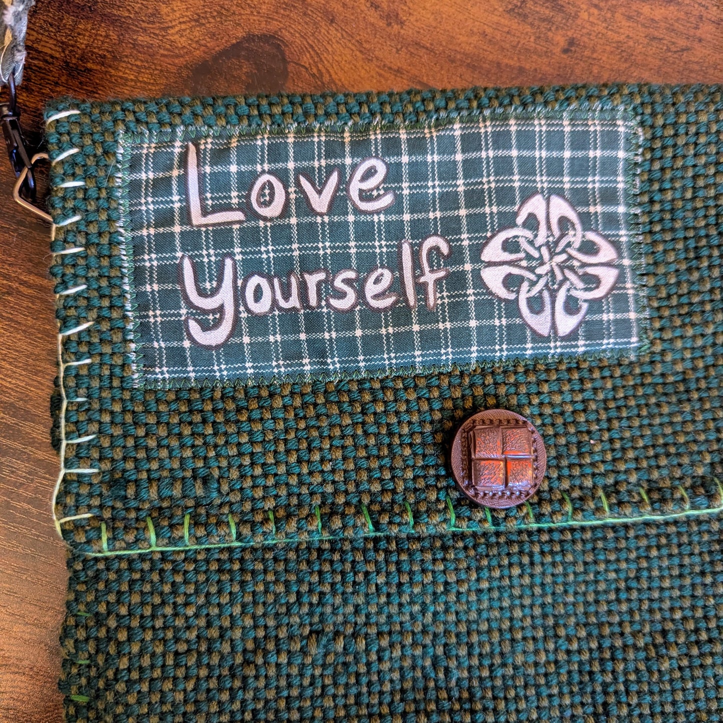 "Love Yourself" Green Celtic Knot Handwoven Shoulderbag