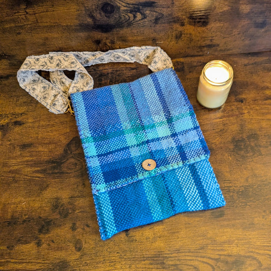 Blue Plaid and Iris Handwoven Shoulderbag