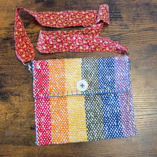 Rainbow and Red Calico Handwoven Shoulder Bag 3