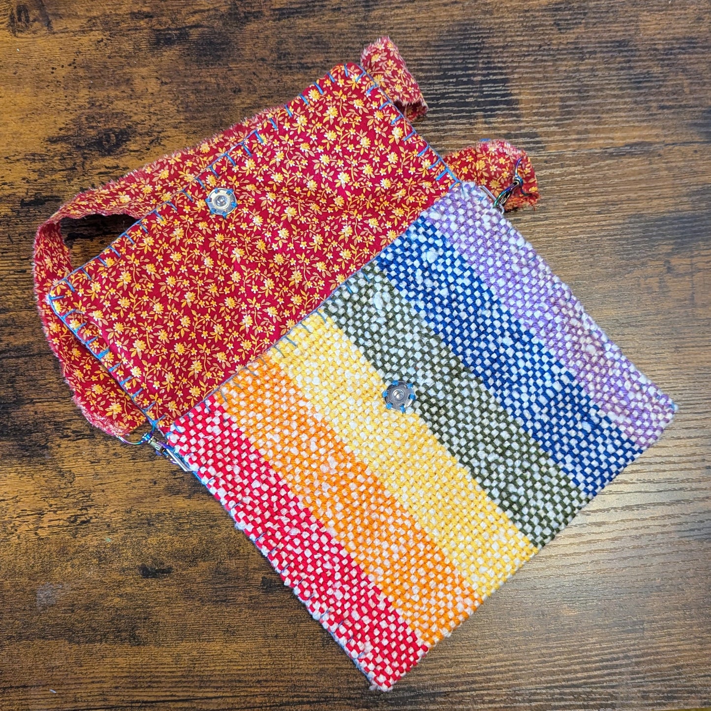 Rainbow and Red Calico Handwoven Shoulder Bag 3
