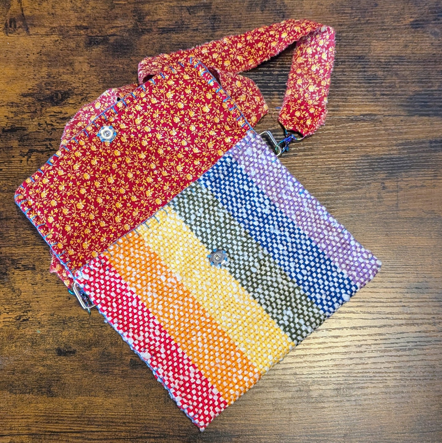 Rainbow and Red Calico Handwoven Shoulder Bag 5