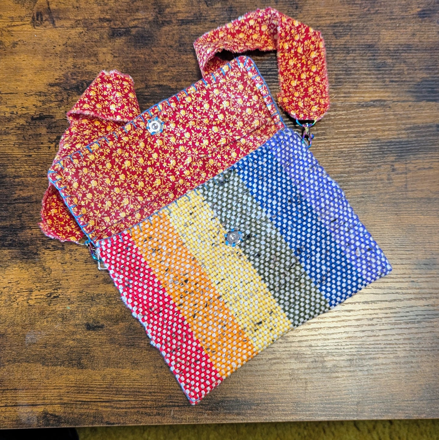 Rainbow and Red Calico Handwoven Shoulder Bag 6