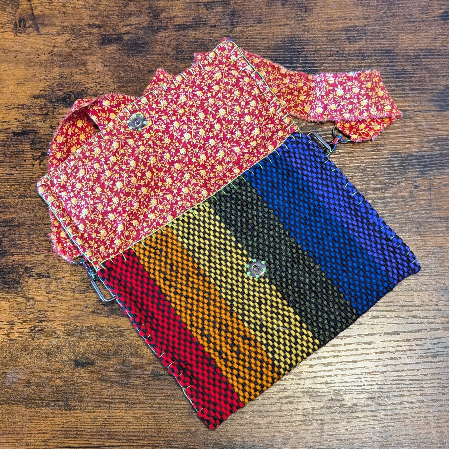 Rainbow and Red Calico Handwoven Shoulder Bag 7