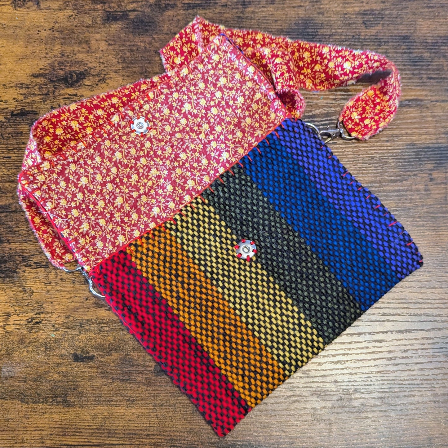 Rainbow and Red Calico Handwoven Shoulder Bag 8