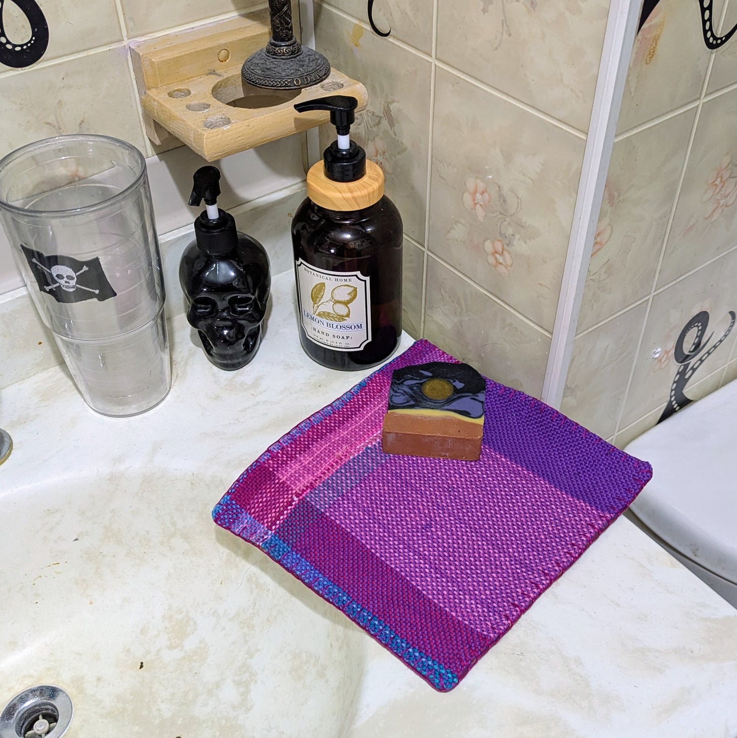 Softly Sudsing Handwoven Pink Stripe Cotton-blend Wash Cloth