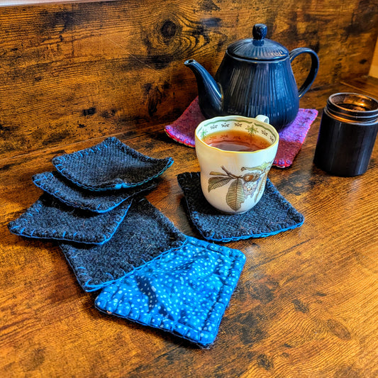 Blue Batik Handwoven Felted Wool Reversible Set of 6 Coasters