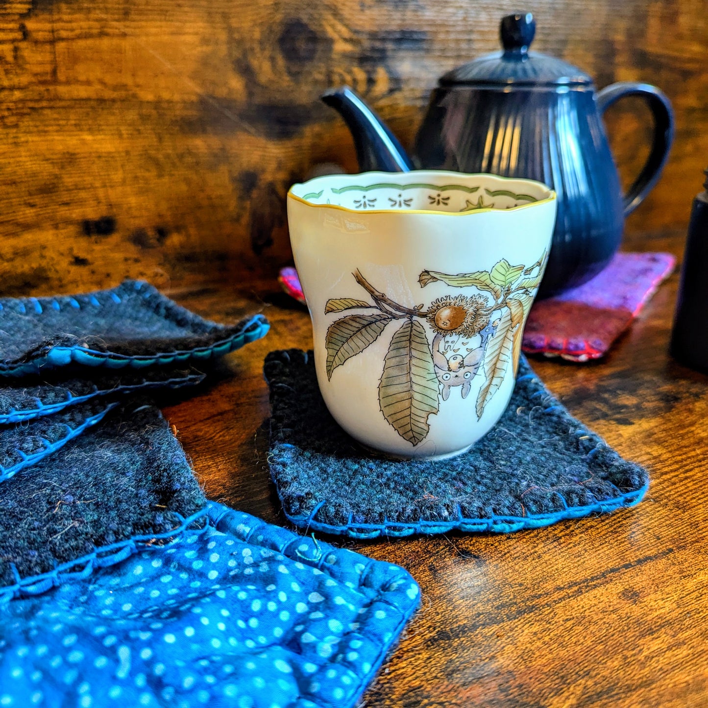 Blue Batik Handwoven Felted Wool Reversible Set of 6 Coasters