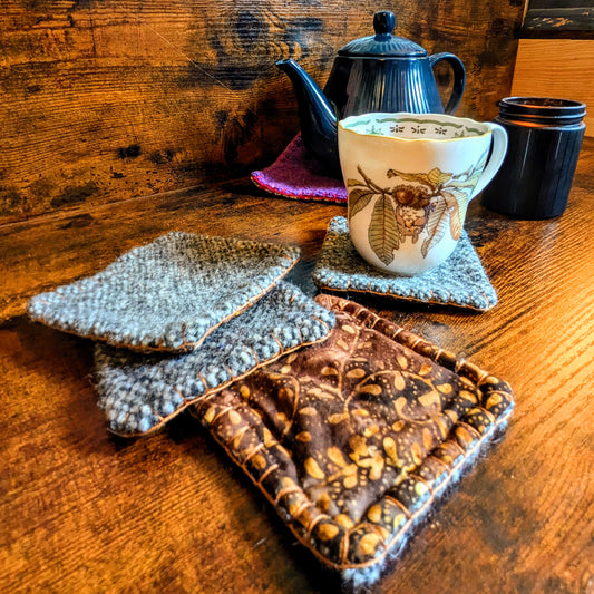 Brown Batik Handwoven Felted Wool Set of Four Coasters