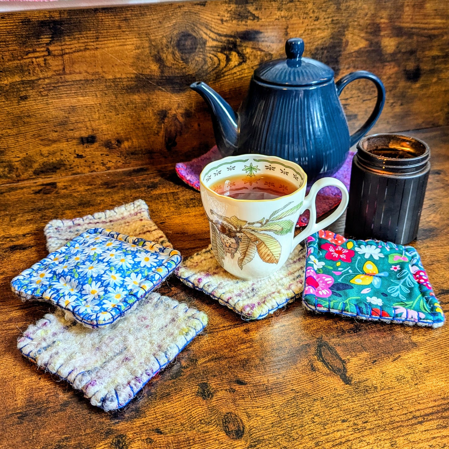 Floral Bouquet Handwoven Felted Wool Set of Five Reversible Coasters