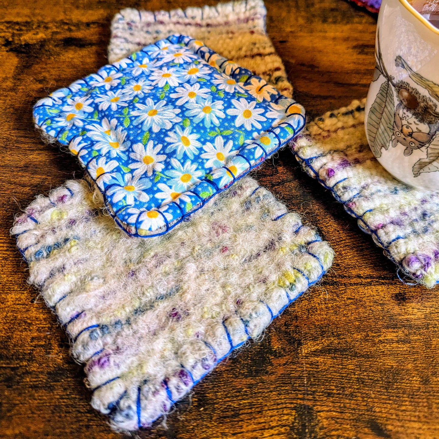Floral Bouquet Handwoven Felted Wool Set of Five Reversible Coasters
