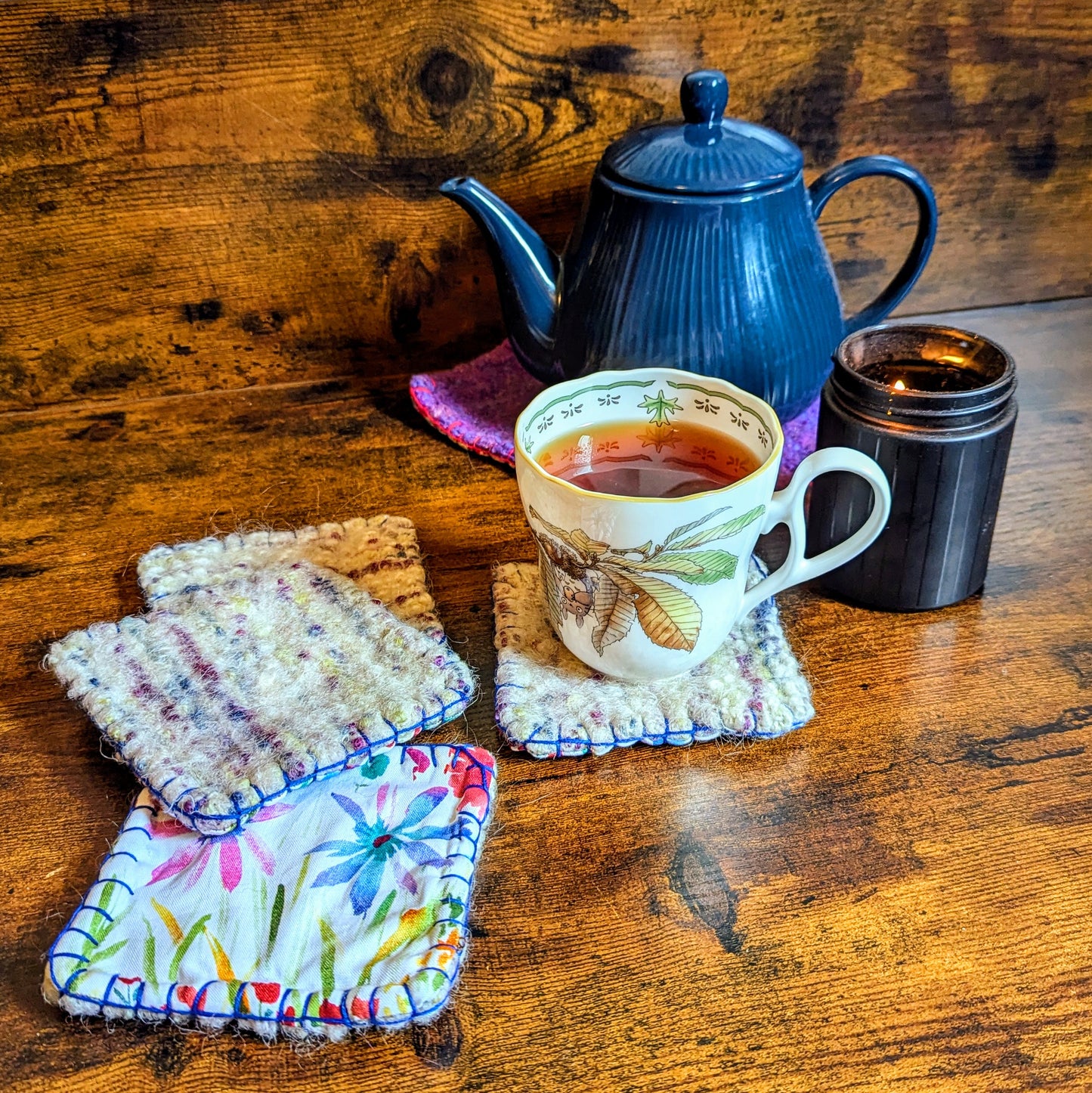 Flower Garden Handwoven Felted Reversible Set of Four Coasters