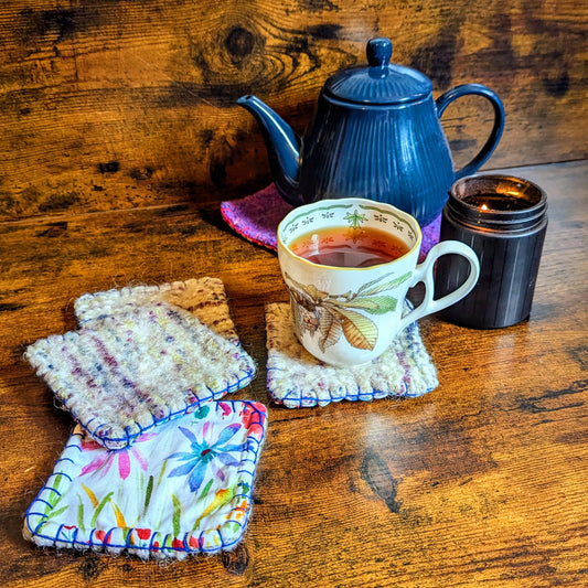 Flower Garden Handwoven Felted Reversible Set of Four Coasters