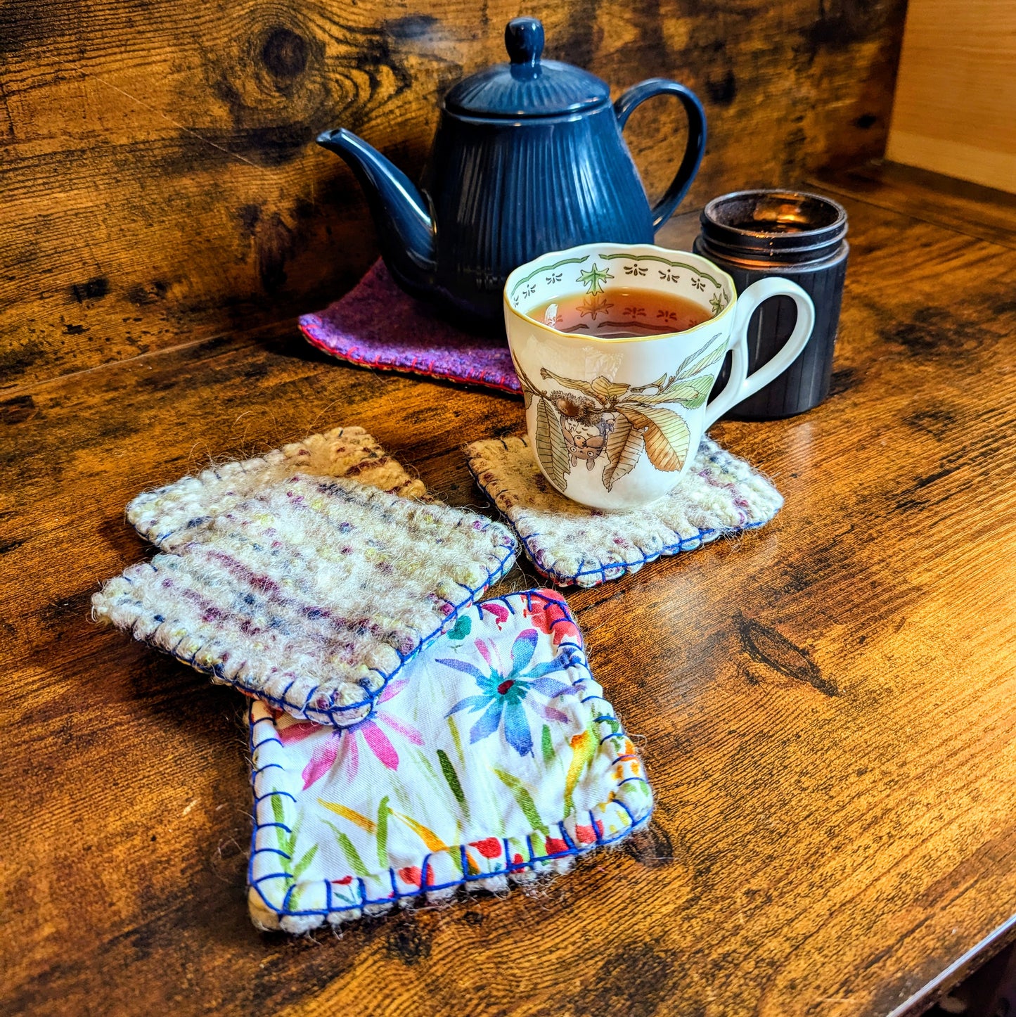 Flower Garden Handwoven Felted Reversible Set of Four Coasters