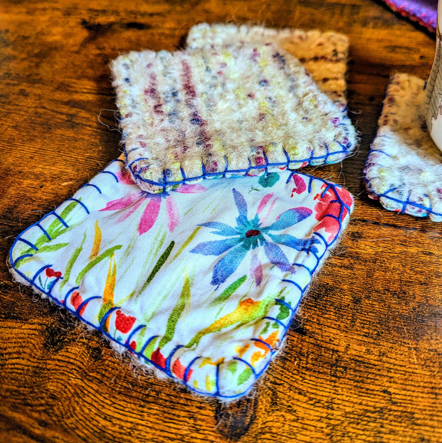 Flower Garden Handwoven Felted Reversible Set of Four Coasters