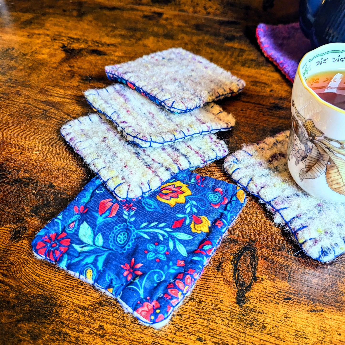 Blue Floral Handwoven Felted Wool Set of Five Coasters