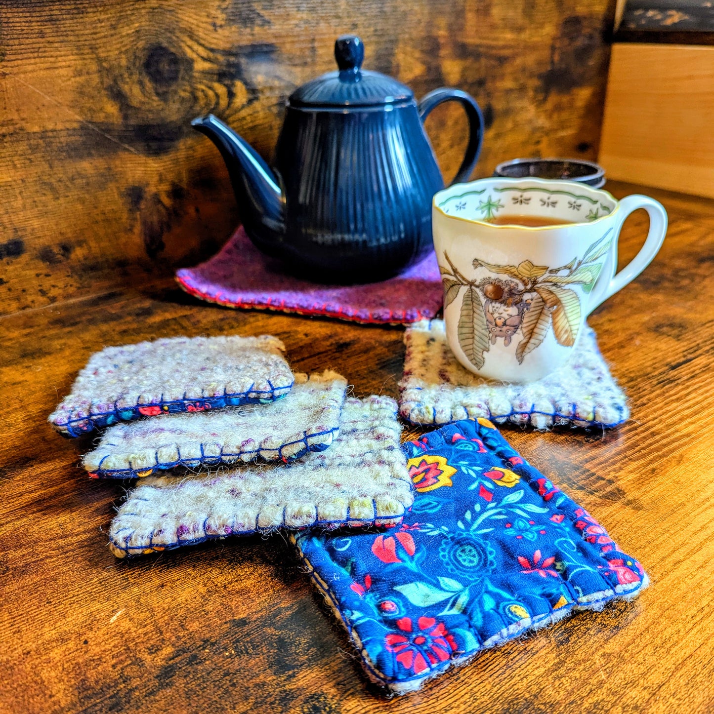 Blue Floral Handwoven Felted Wool Set of Five Coasters