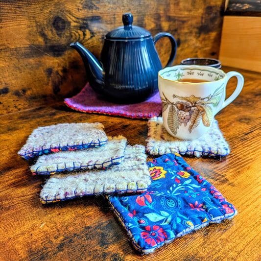 Blue Floral Handwoven Felted Wool Set of Five Coasters