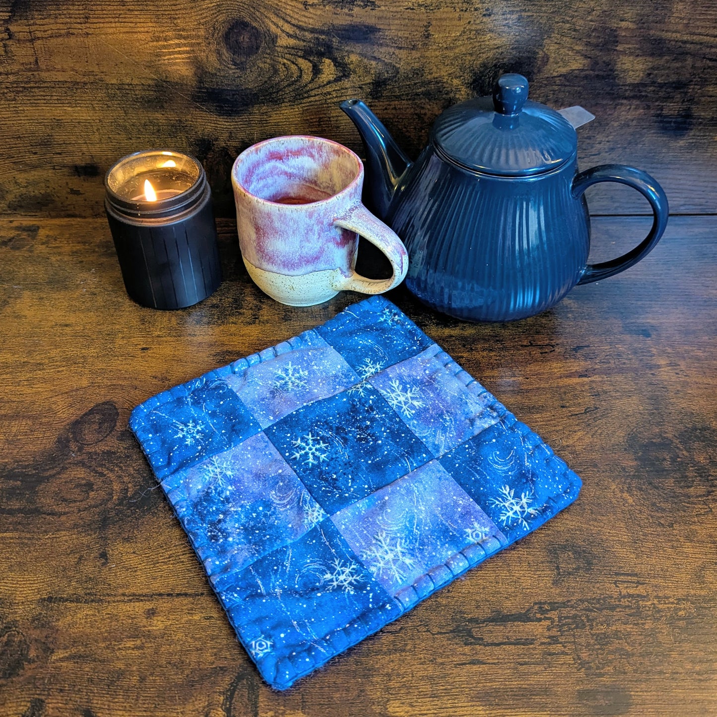 Felted Handwoven Blue Snowflake Wool Trivets