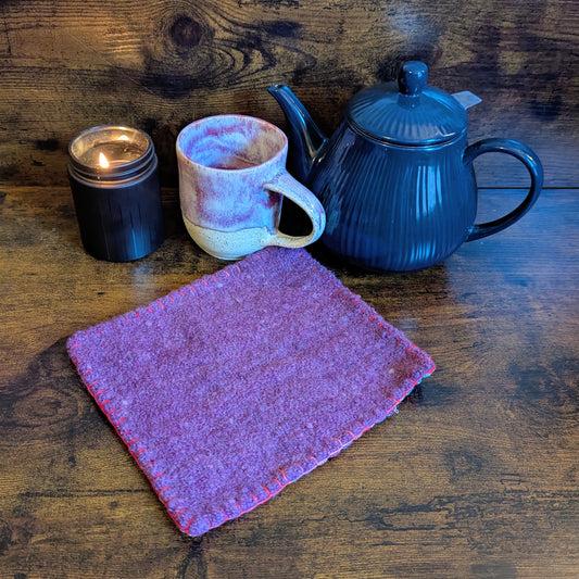 Felted Handwoven Wool Scarlet Flower and Royal Purple Trivets