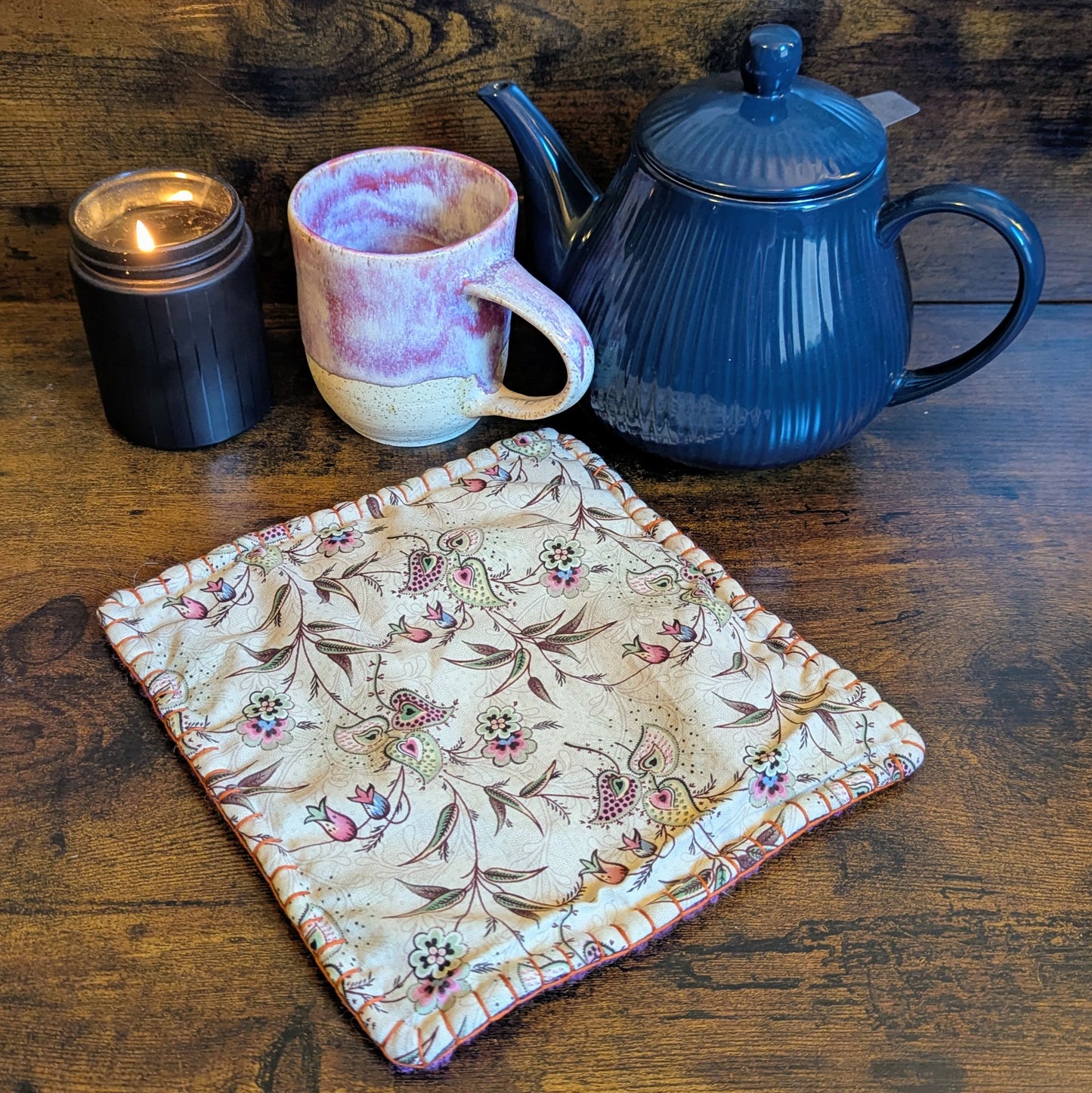 Felted Handwoven Royal Purple and Vintage Floral Wool Trivets