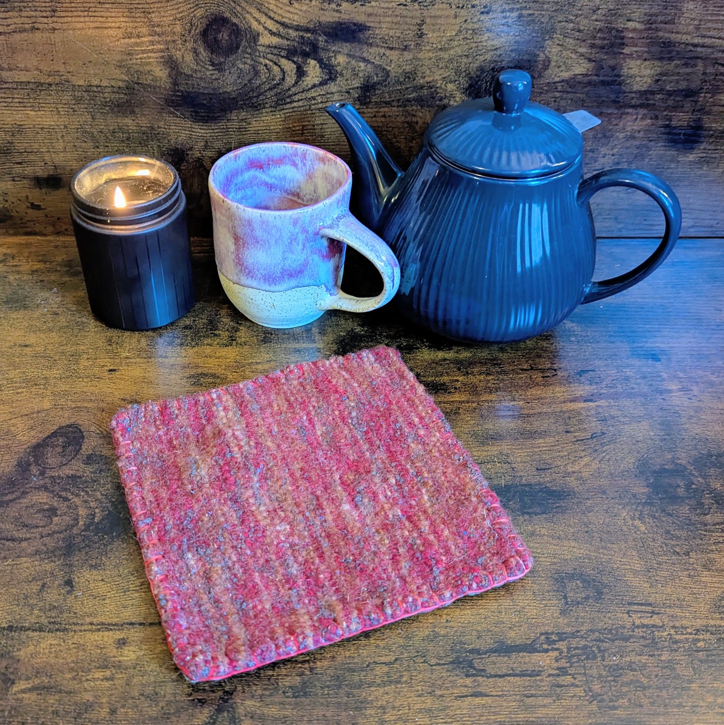 Felted Handwoven Midcentury Style Red and Green Wool Trivets