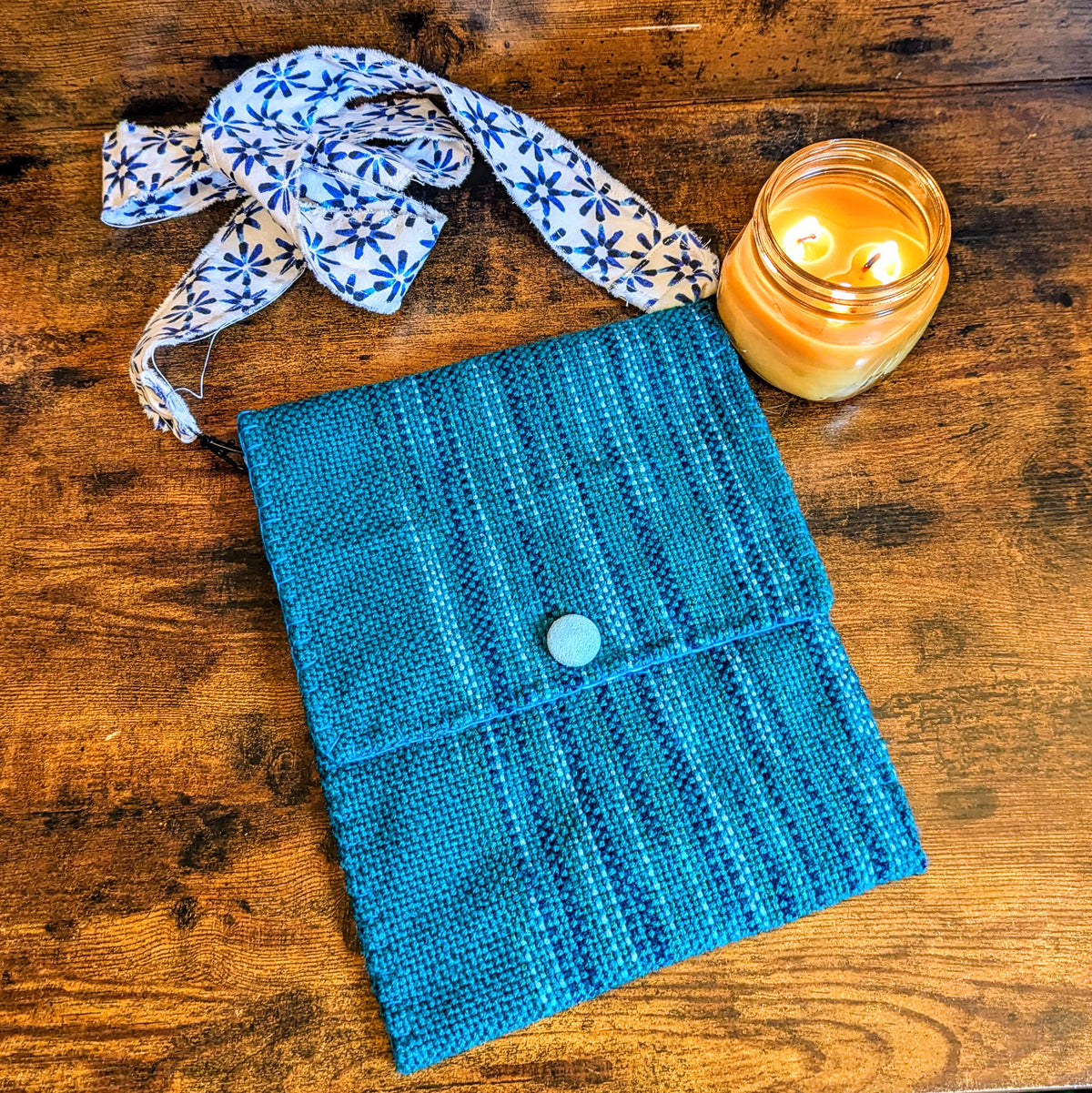 Blue Suede Flowers Handwoven Shoulder Bag